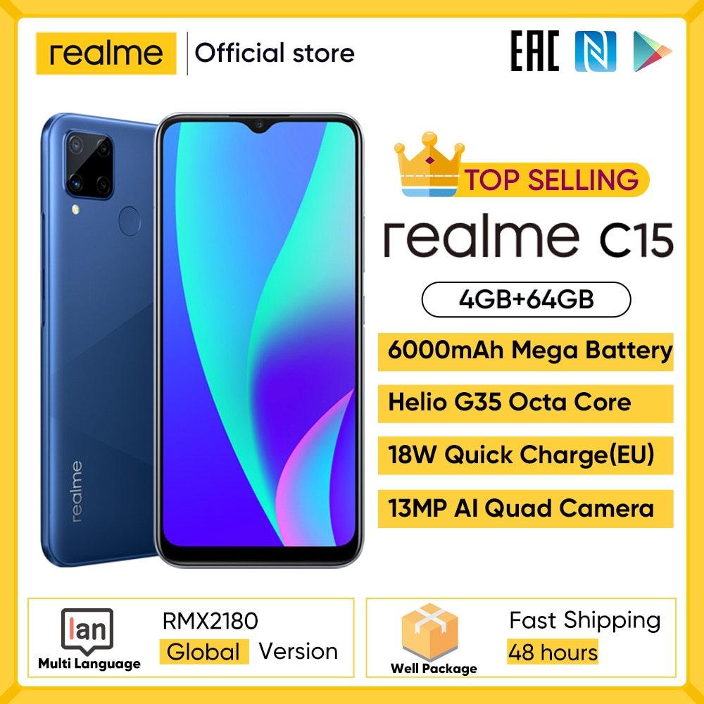 realme C15 Global Version Smartphone 4GB RAM 64GB ROM 6000mAh Big Battery Quick Charge Mobile phone 6.5inch Android Telephone