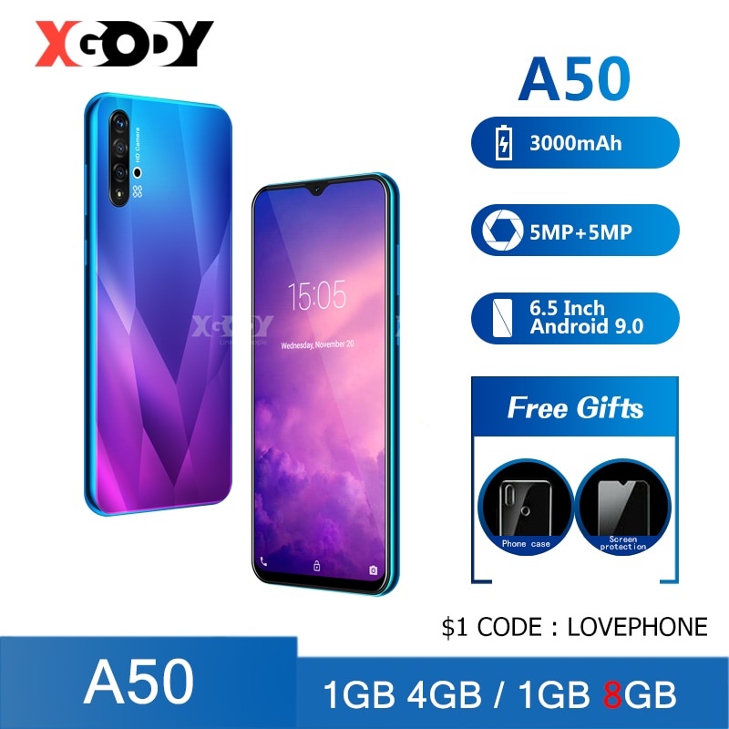 XGODY A50 3G Smartphone Android 6.5" 1GB 4GB 8GB Cellphone 5MP Camera Quad Core Unlock GPS 19:9 WiFi Mobile Phones Celular 2021