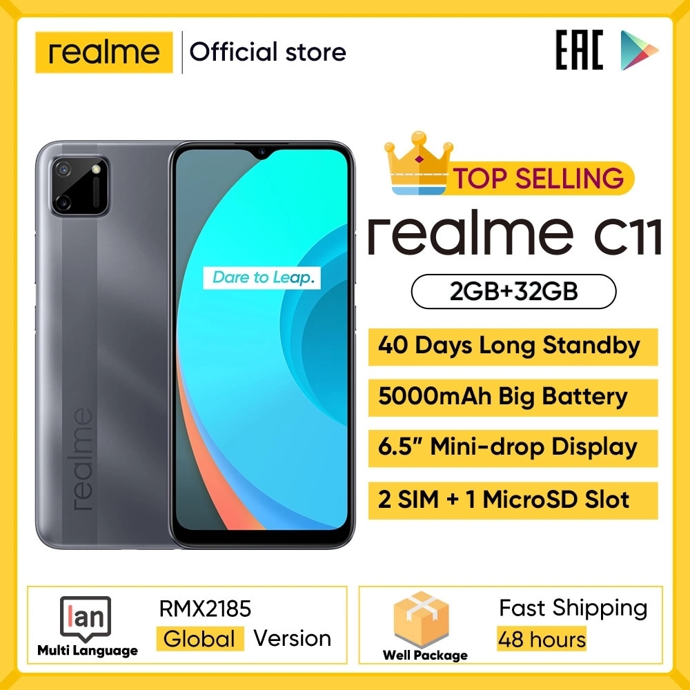 Realme C11 Mobile Phones 6.5inch 5000mAh Big Battery 40days Long Standby 3-Card Slot Android Smartphone 13MP Camera Telephone