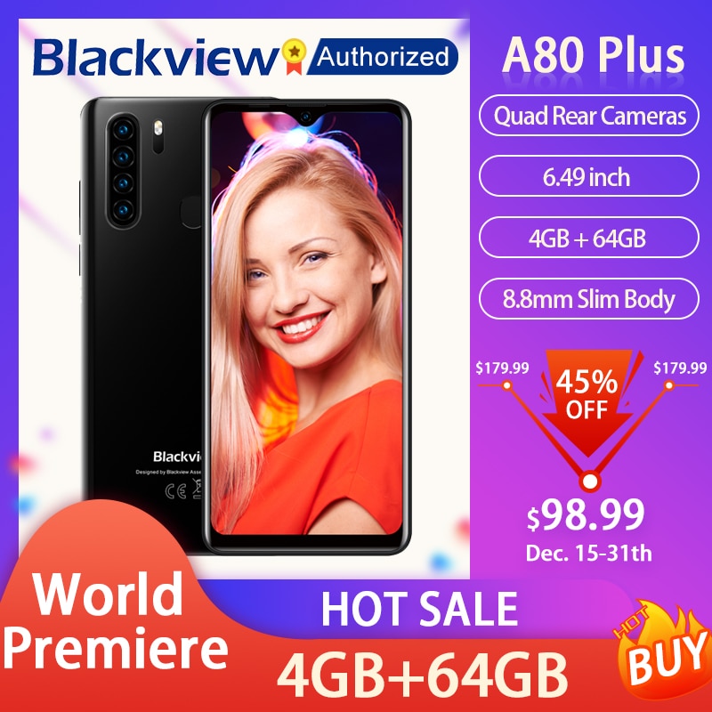 Blackview A80 Plus Smartphone 6.49'' Screen Android 10 MT6762V/WD Octa Core 4GB RAM 64GB ROM Mobile Phone NFC 4680mAh Cellphone