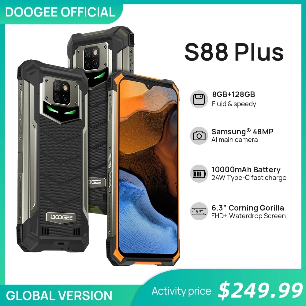 DOOGEE S88 Plus Rugged SmartPhone 48MP Main Camera 8GB RAM 128GB ROM IP68/IP69K smart phone Android 10 OS Global version