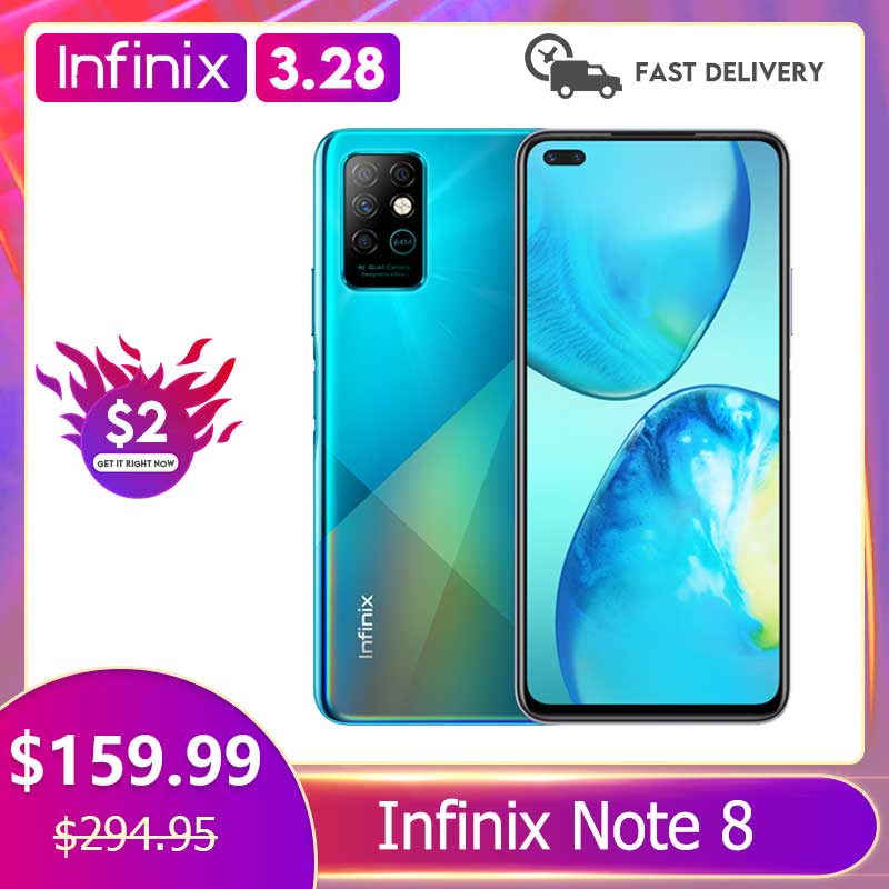 Infinix Note 8 6GB 128GB Global Version Mobile Phone 6.95'' HD+ Display 5200mAh Battery 18W Fast Charge Helico G80 Octa Core