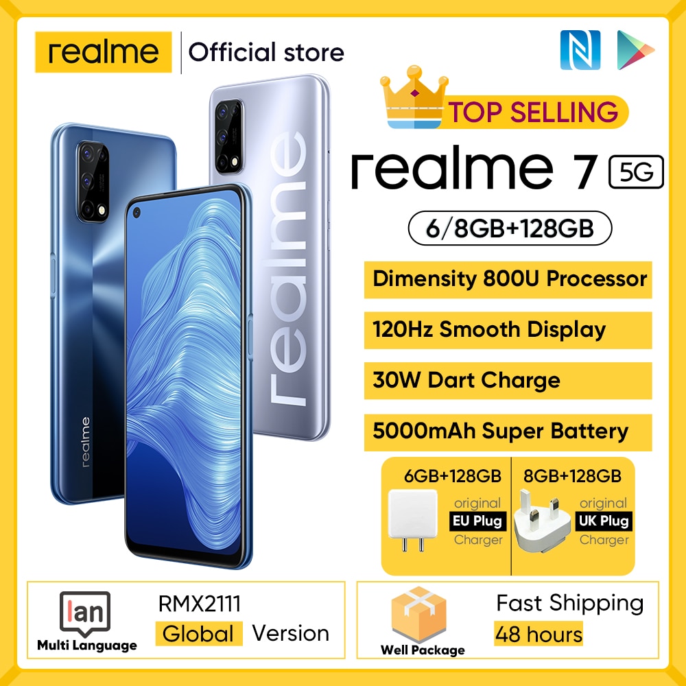 realme 7 5G Dimensity 800U 6/8GB 128GB ROM 120Hz Display 48MP Quad Camera 5000mAh Big Battery Global Version 30W Dart Charger