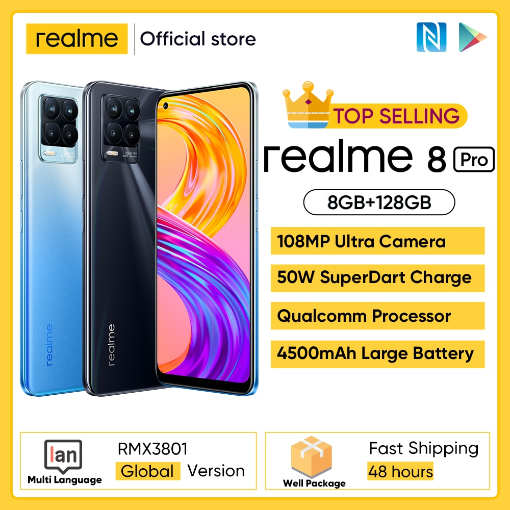 Global Version realme 8 Pro 8GB 128GB Smartphone 108MP Ultra Quad Camera 6.4” Super AMOLED Fullscreen 50W SuperDart Charge