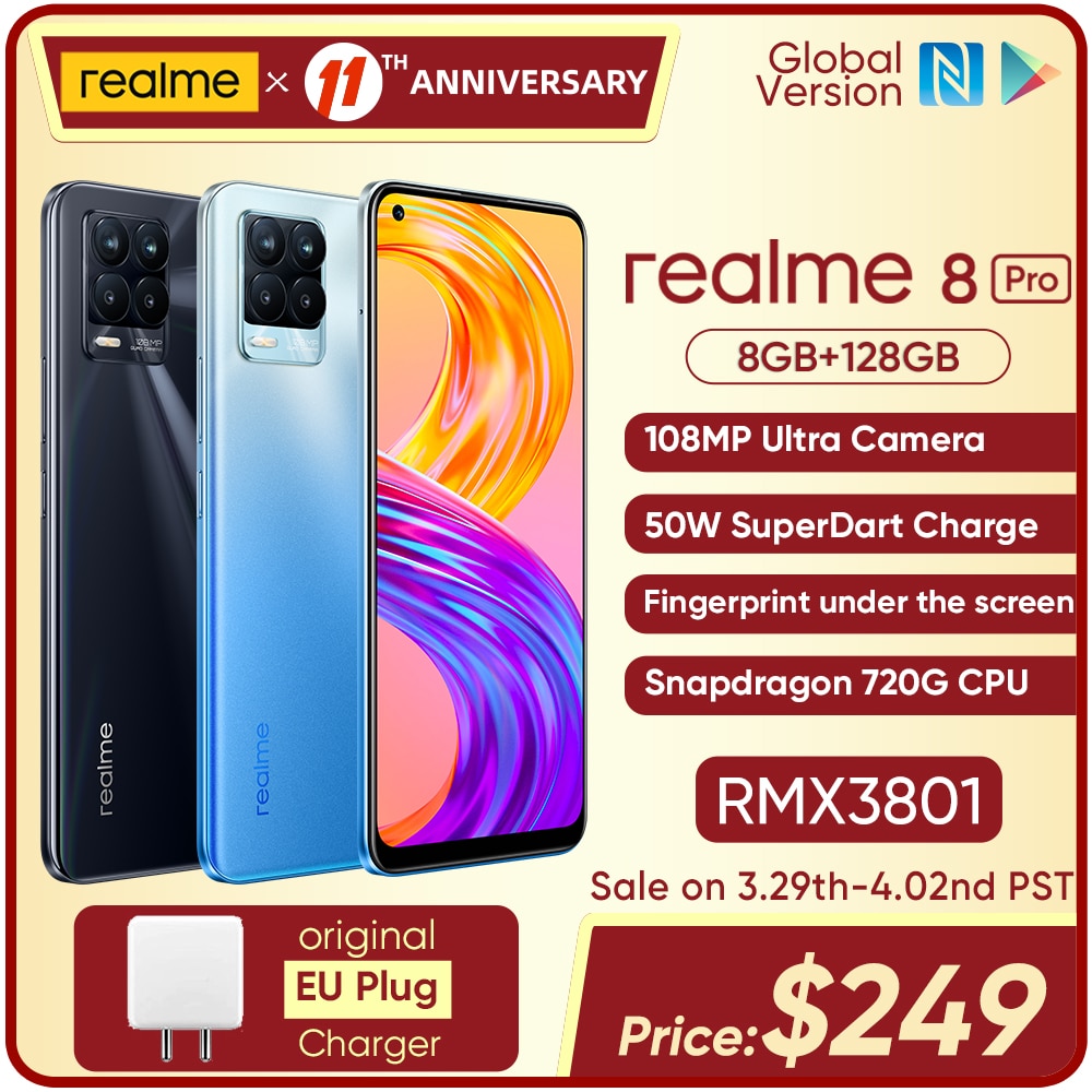 Global Version realme 8 Pro 108MP Camera Snapdragon 720G Smartphone 6.4'' Display AMOLED 50W Super Dart Charge 4500mAh Battery