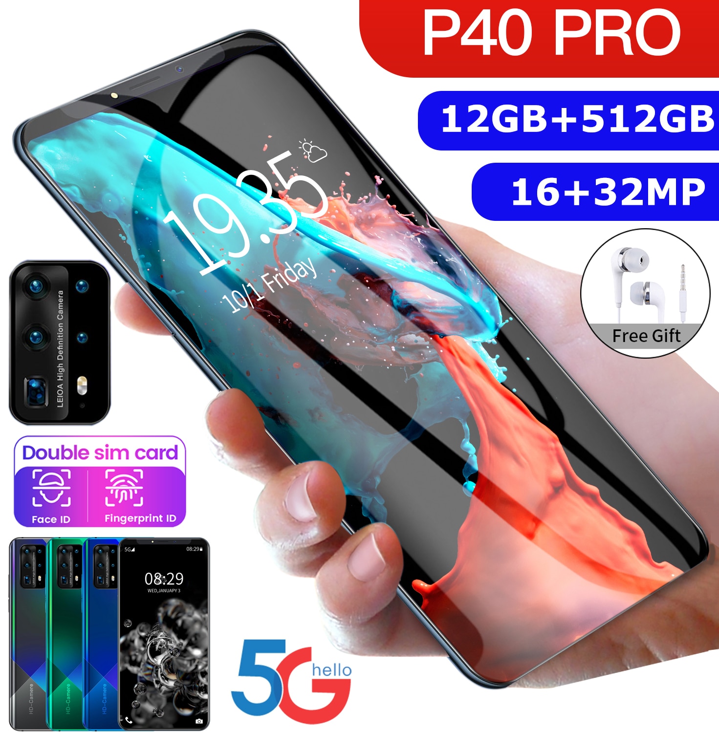 Hawei P40 Pro 5G Smartphone 6.3 Inch 12GB + 512GB Face/Fingerprint Unlock Dual Sim Phone Supports T-card Smartphone 16+32MP
