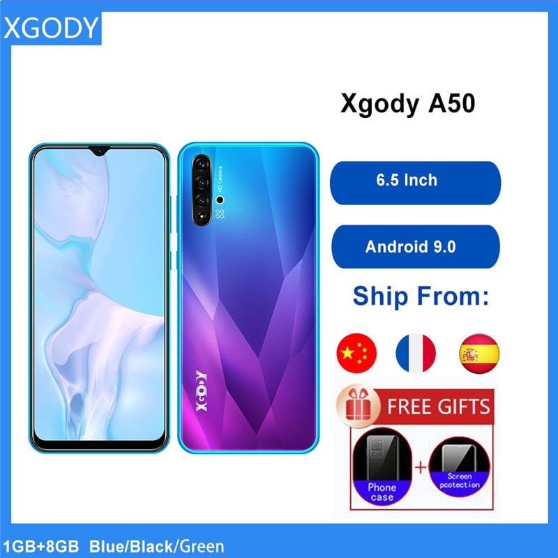XGODY A50 3G Smartphone Android 9.0 6.5inch 19:9 Full Screen 1GB 8GB MTK6580 Quad Core 5MP Camera 3000mAh Mobile Phone