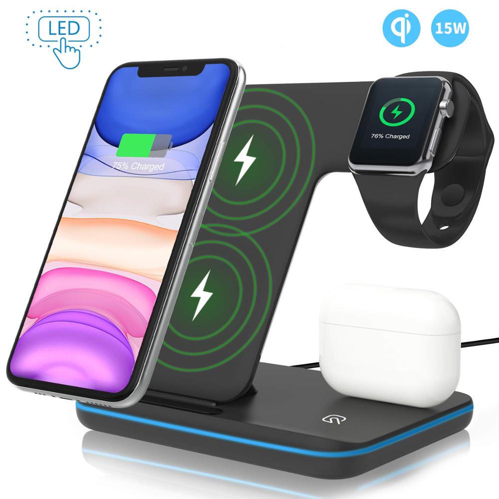 Wireless Charger Stand 3 in 1 Qi 15W Fast Charging Dock Station for Apple Watch iWatch 6 5 4 AirPods Pro iPhone 12 11 XS XR X 8