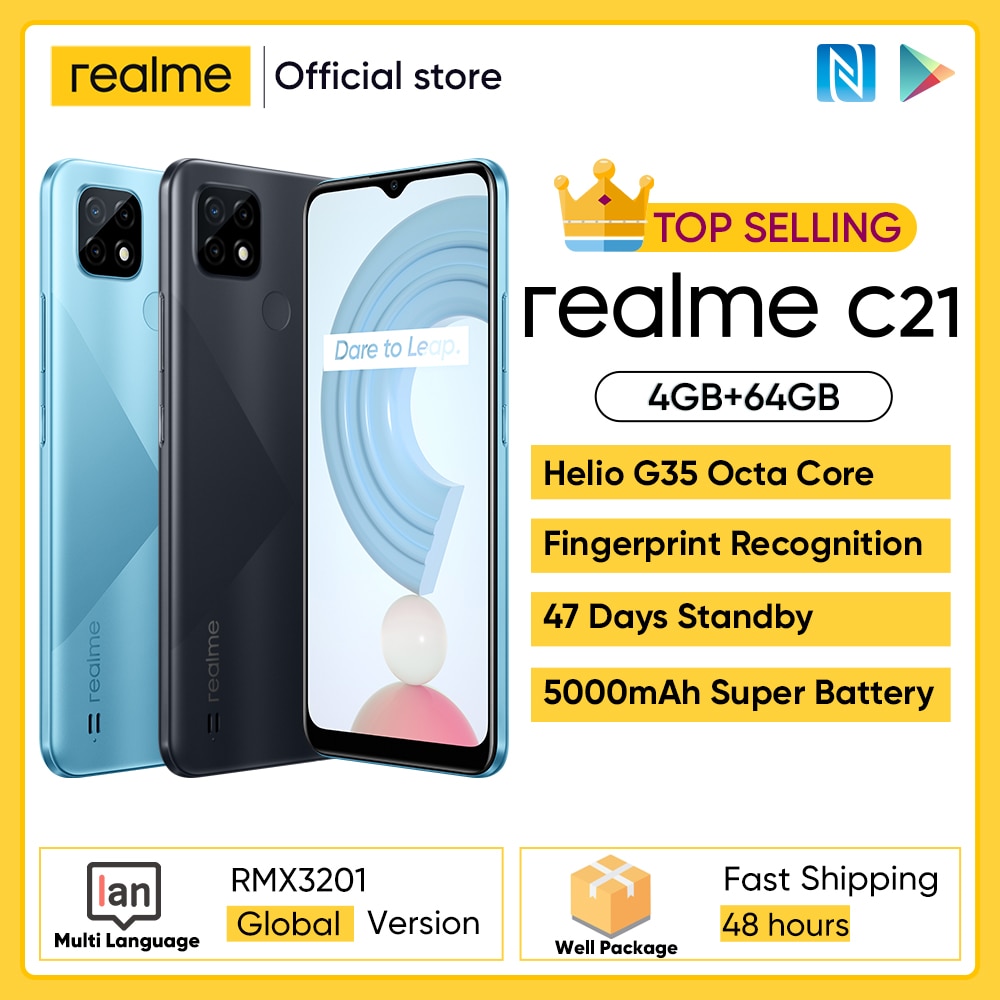 Global Version realme C21 Smartphone 4GB 64GB Helio G35 Octa Core 6.5'' Screen 5000mAh Massive Battery 3-Card Slot 13MP Camera