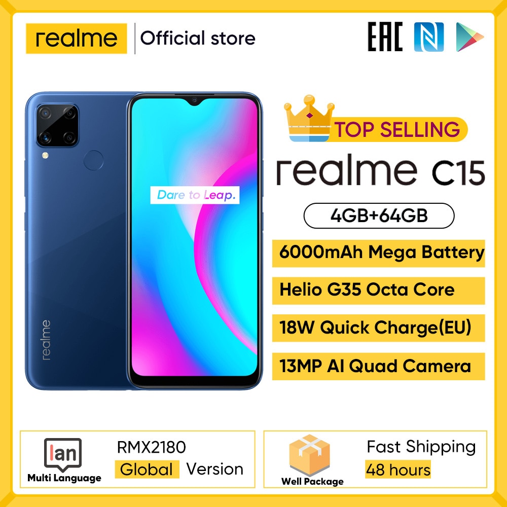realme C15 Global Version Smartphone 4GB RAM 64GB ROM 6000mAh Big Battery Quick Charge Mobile phone 6.5inch Android Telephone