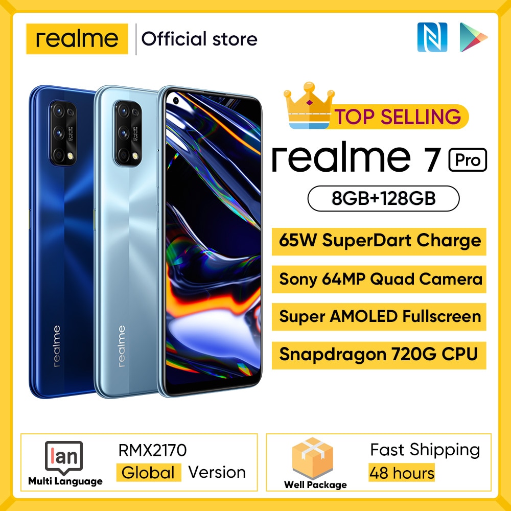 Global Version realme 7 Pro Smartphone 65W Fast Charge 64MP Quad Camera 6.4 inch Display Snapgragon 720G Game Cellphone 4500mAh