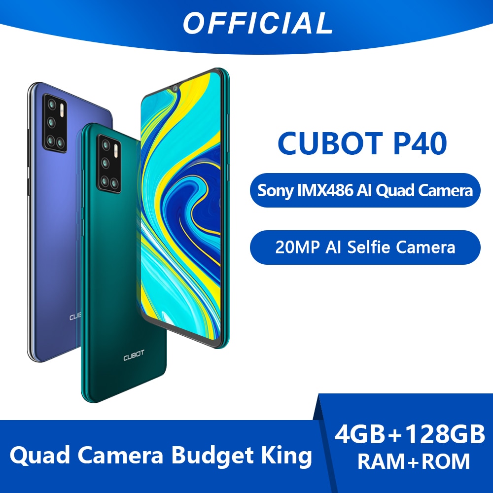 Cubot P40 Smartphone NFC 4GB+128GB Rear Quad Camera 20MP Selfie 6.2 Inch 4200mAh Android 10 Dual SIM Card Mobile Phone 4G LTE