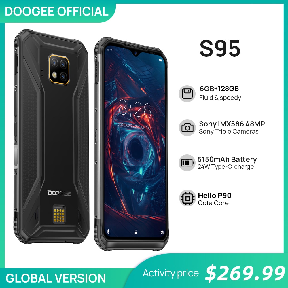 DOOGEE S95 IP68 Modular Rugged Mobile Phone 6.3inch Display Helio P90 Octa Core 6GB 128GB 48MP Triple Camera Android 9.0 5150mAh