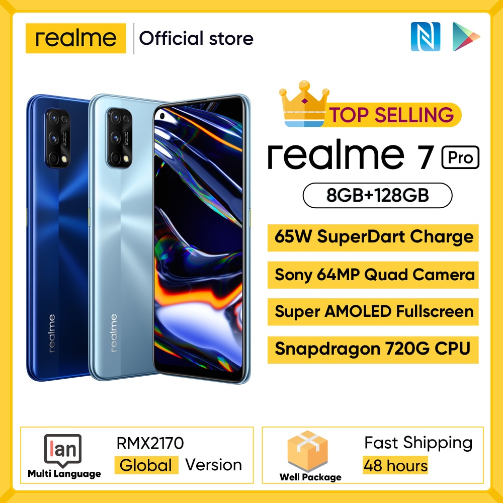 Realme 7 Pro Global Version Smartphone 65W Fast Charge Fingerprint Unlock Fullscreen MobilePhone Snapgragon 720G Game Cellphone