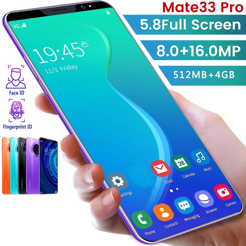 Mate33 Pro Smartphone with 512M+4GGB Large Memory 5.8 Inch Screen Support Face/Fingerprint Unlock Dual SIM Mobile Phones