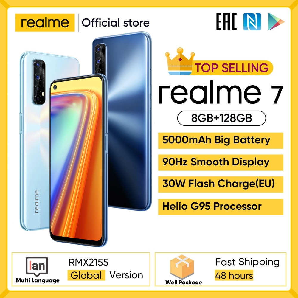 realme 7 Global Version Cell Phones Unlocked 30W Fast Charge Smartphone 8GB RAM 128GB ROM Mobile Phones Helio G95 Gaming Phone