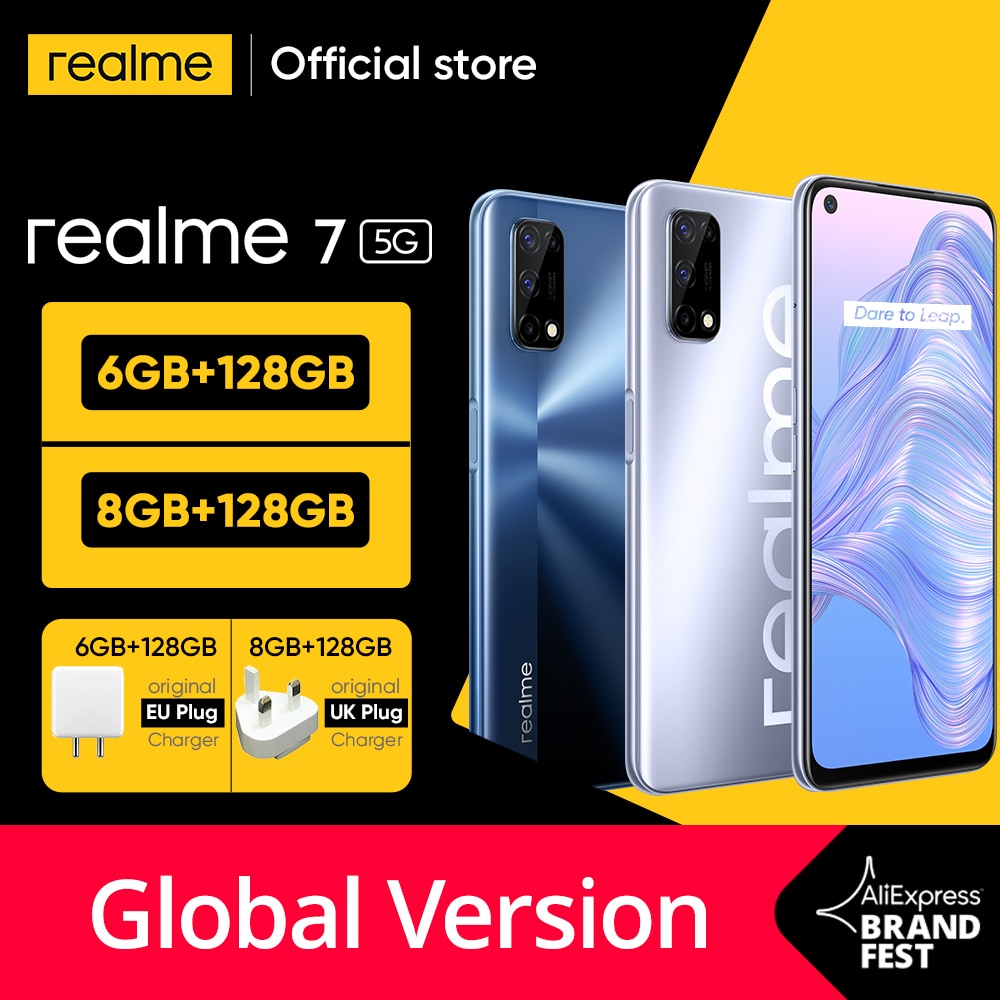 [World Premiere In Stock]realme 7 5G Dimensity 800U 6GB 128GB 120Hz Display 48MP Camera 5000mAh Global Version 30W Dart Charger