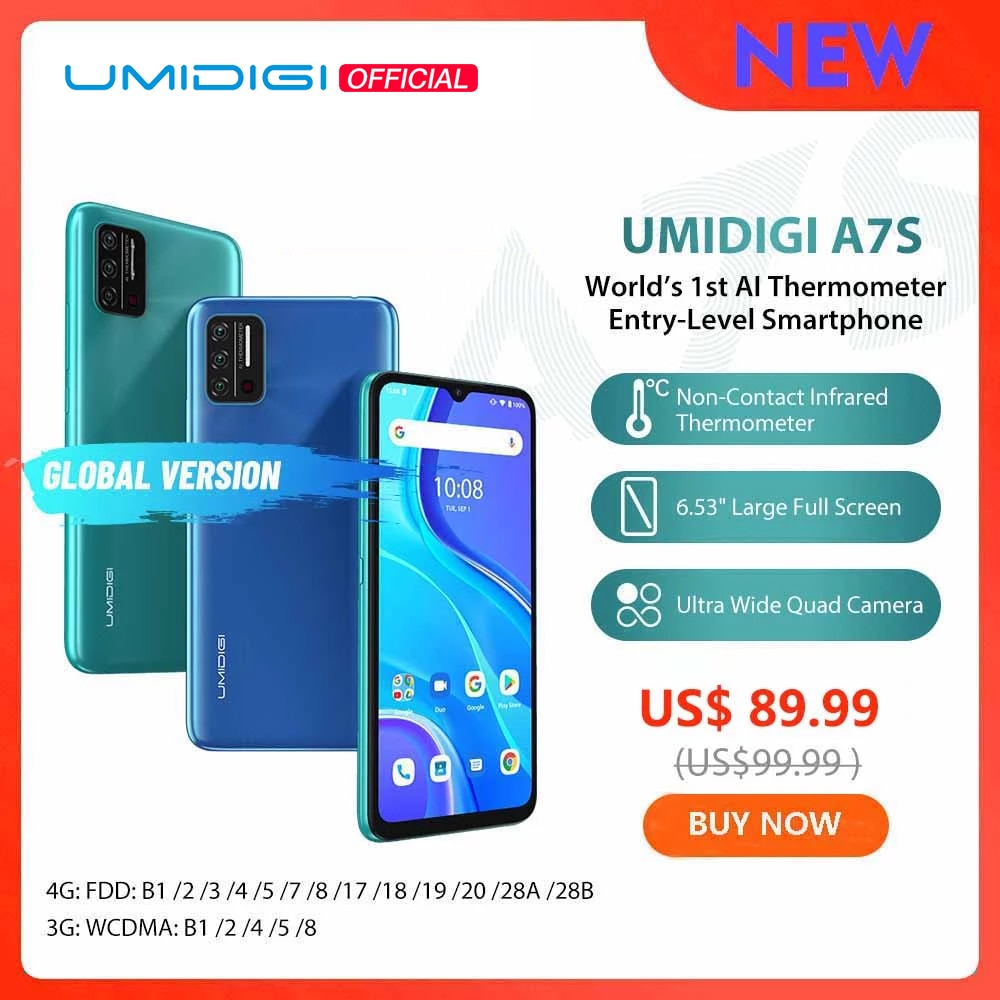 In-Stock UMIDIGI A7S Smart Phone 6.53" Screen 32GB 4150mAh Triple Camera Global Version Cellphone Infrared Temperature Sensor