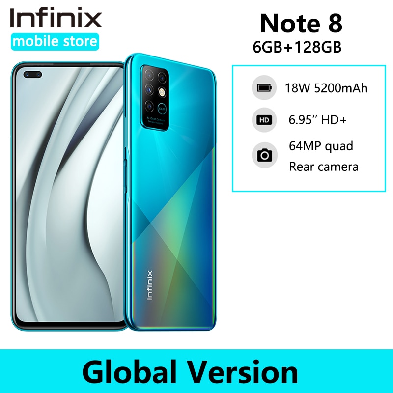 Infinix note 8 6GB 128GB mobile Phone Helio G80 Octa core 6.95'' HD+ Full Screen 64MP Quad Camera 5200mAh Battery Smartphone