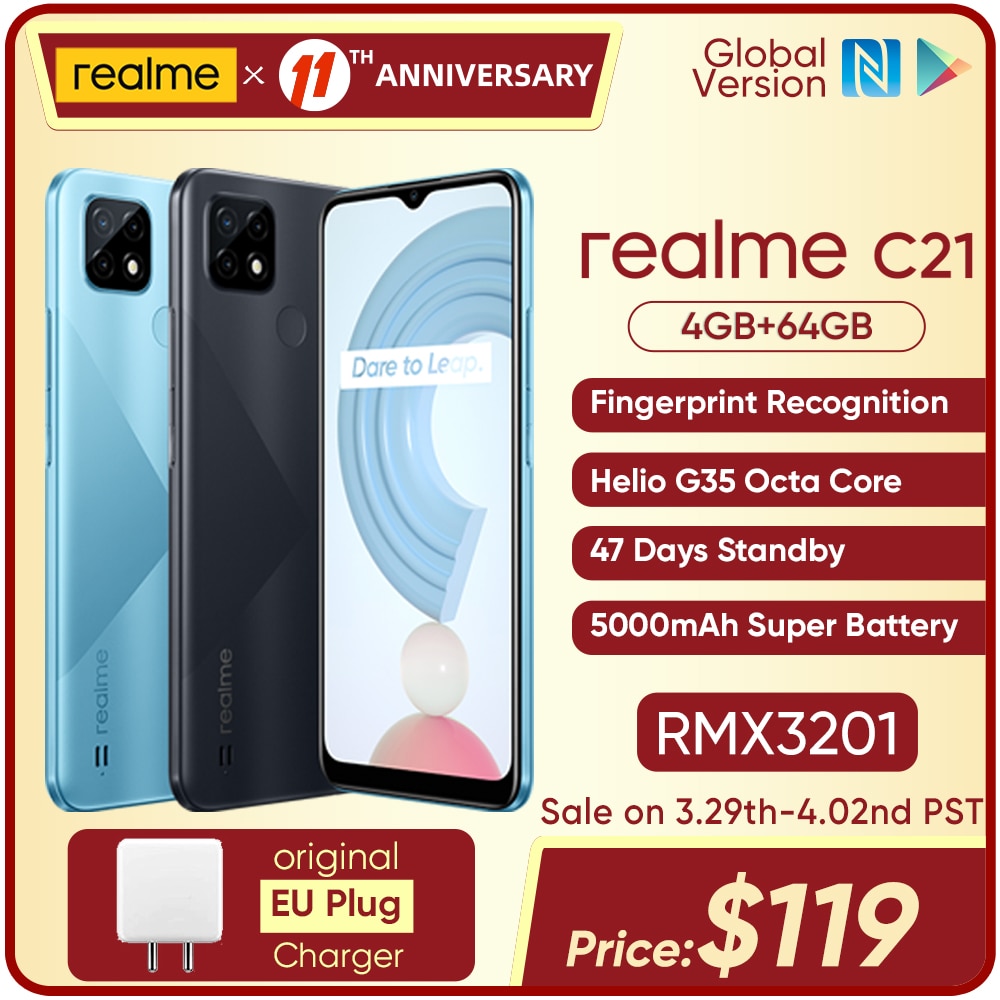 realme C21 Global Version Smartphone Helio G35 Octa Core 4GB 64GB 6.5"display 5000mAh Large battery 47 Days Standby 3-Card Slot