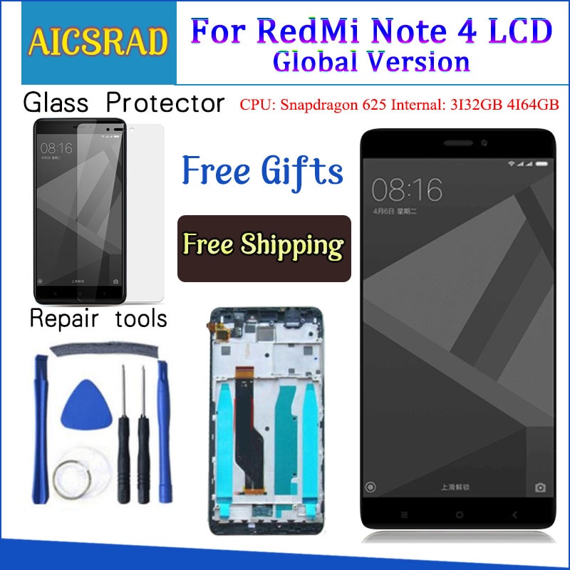 Tested LCD Display +Frame For Xiaomi Redmi Note 4 Global Version Snapdragon 625 Touch Screen LCD Digitizer Redmi Note 4X