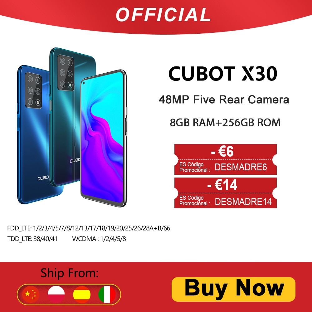 Cubot X30 8GB Smartphone 48MP Five Camera 32MP Selfie NFC 256GB 6.4" FHD+ Fullview Display Android 10 Global Version Helio P60